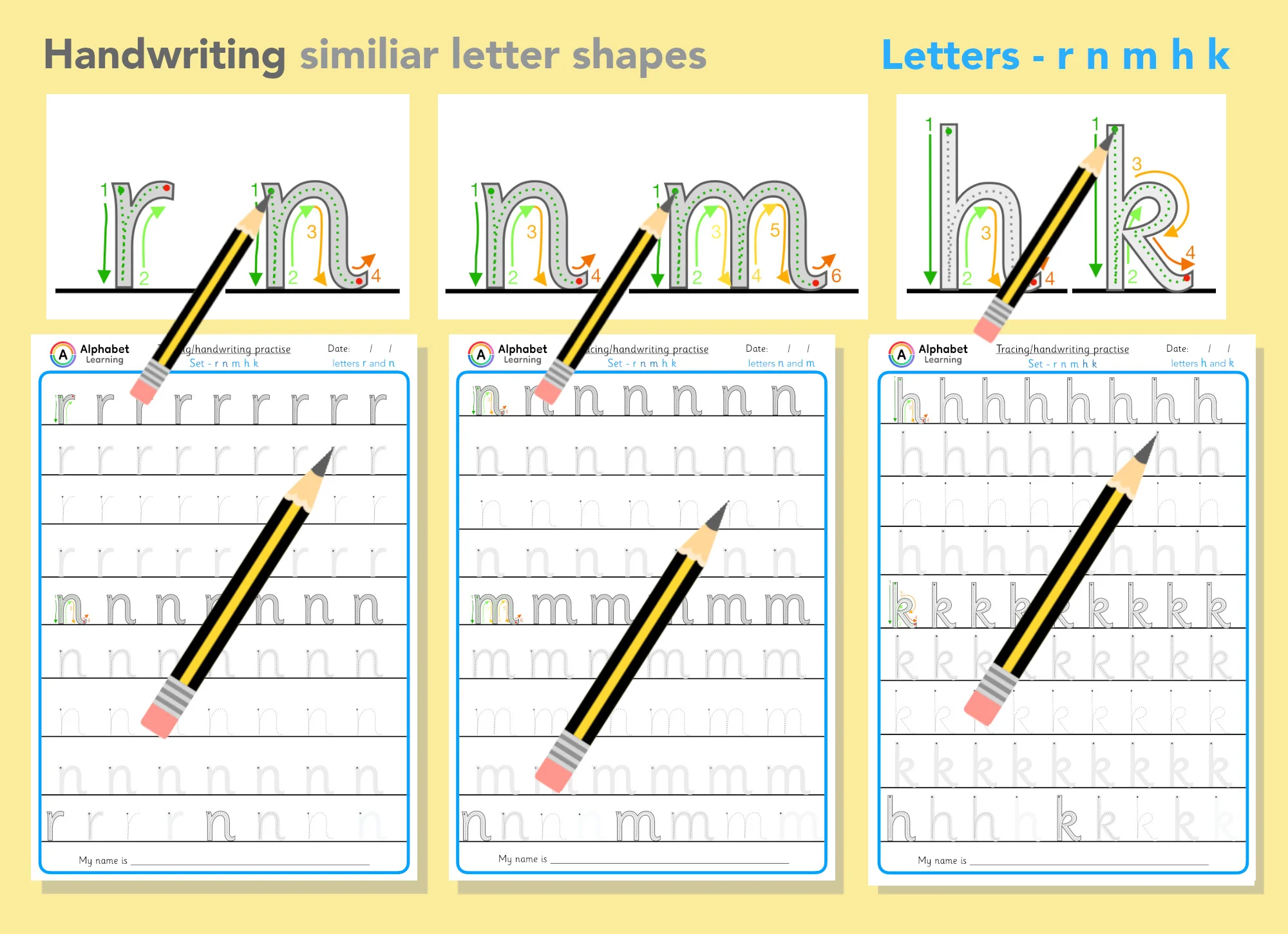 Handwriting similar letters - r n m h k