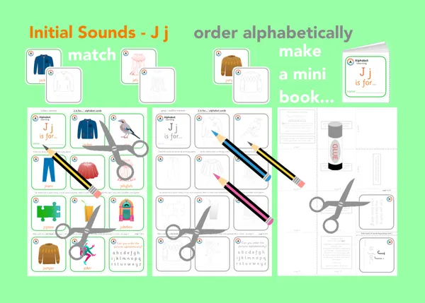 J is for... letter 'j' initial sounds - alphabet cards and mini book activity printable resource (Ages 3-6)