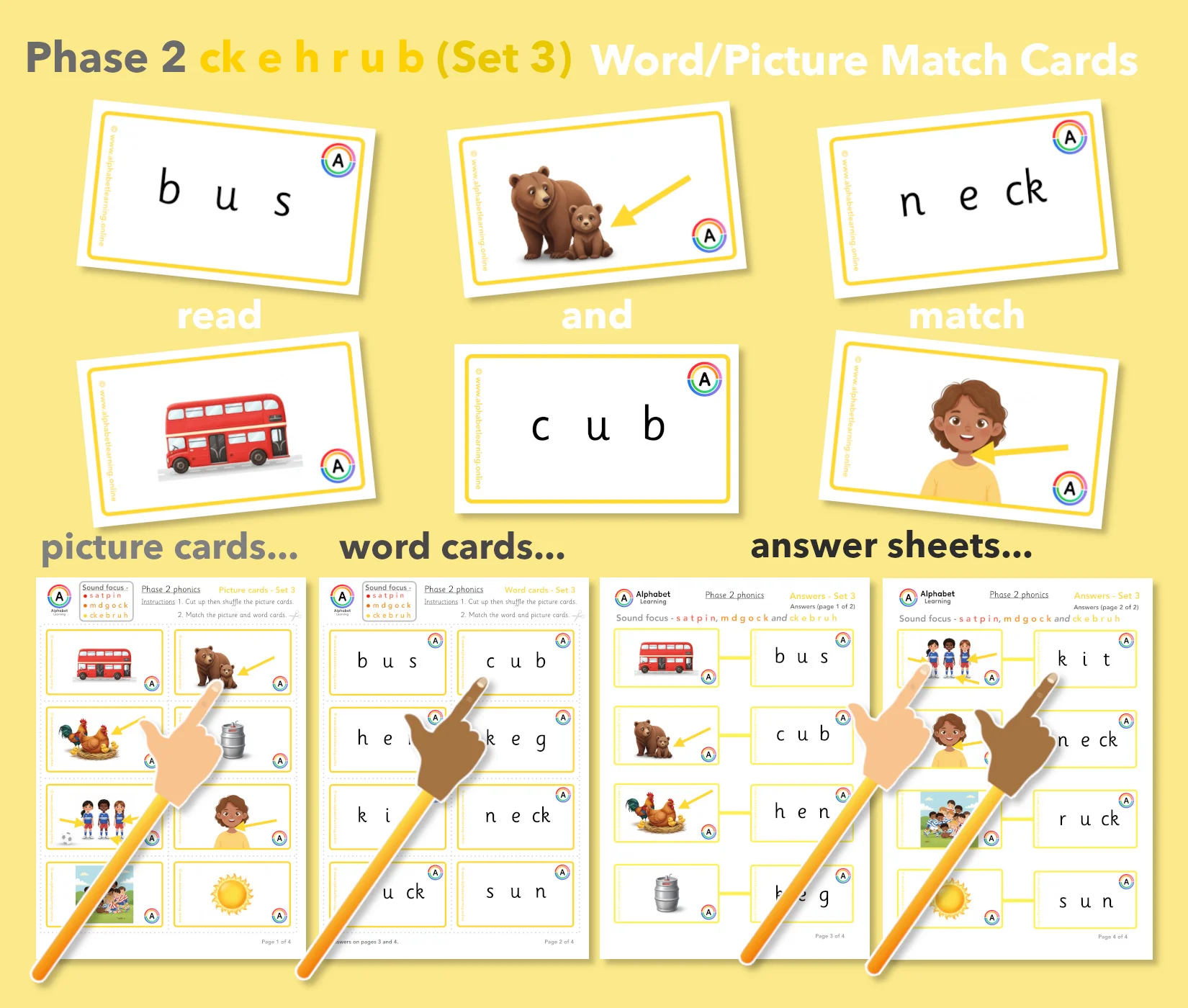 ck e b r u h Phase 2 Phonics CVC Match Cards (Set 3)