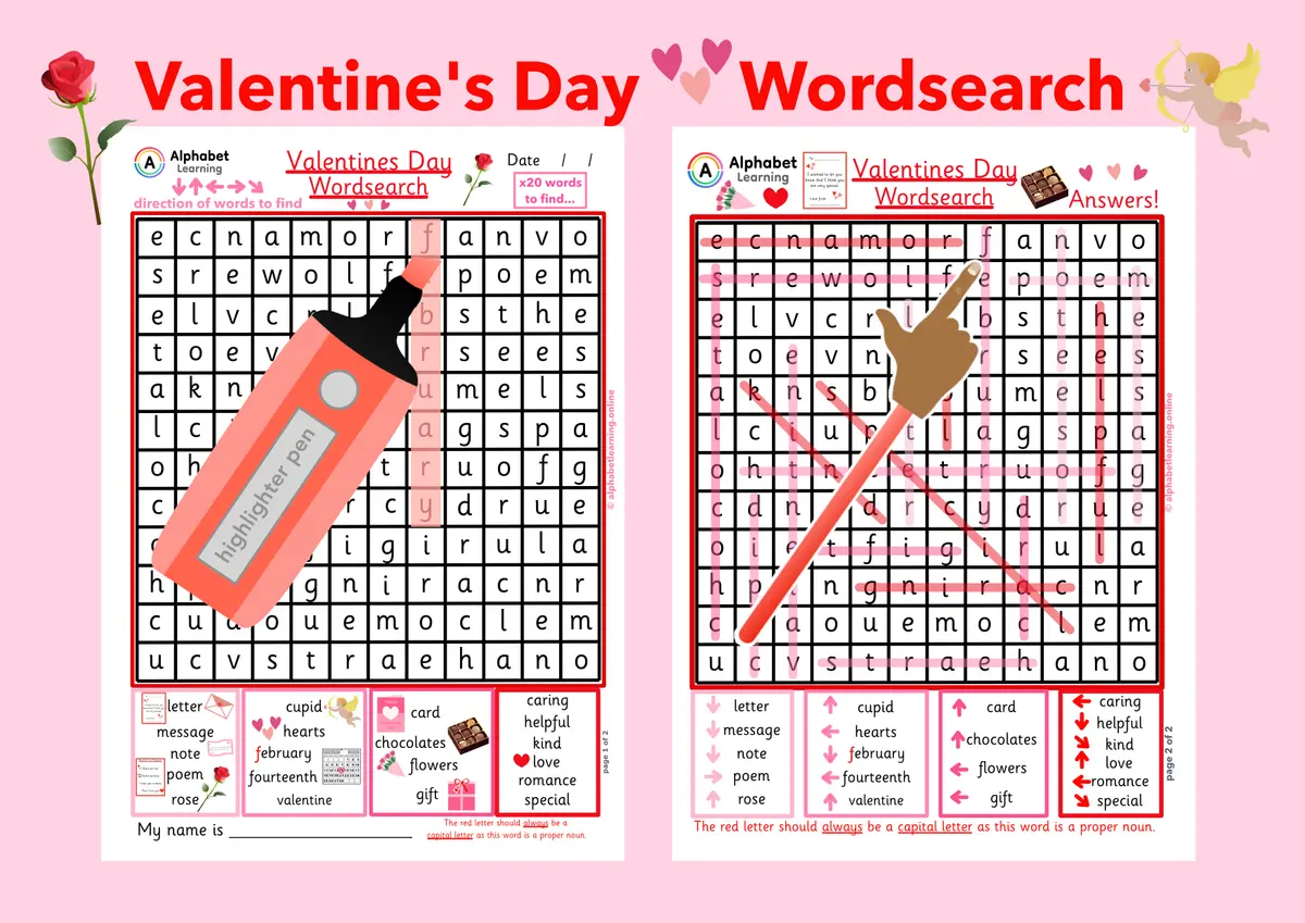 Valentine's Day themed word search worksheet (ages 5-7) main preview
