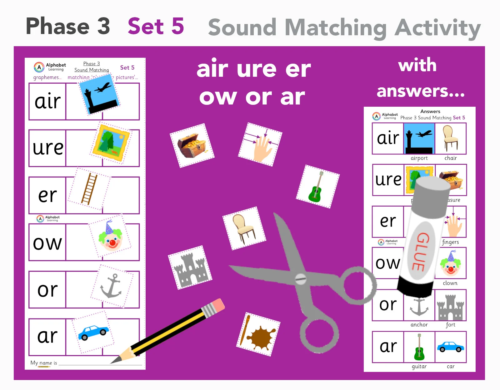 Phase 3 Phonics air ure er ow or ar (set 5 of 5)