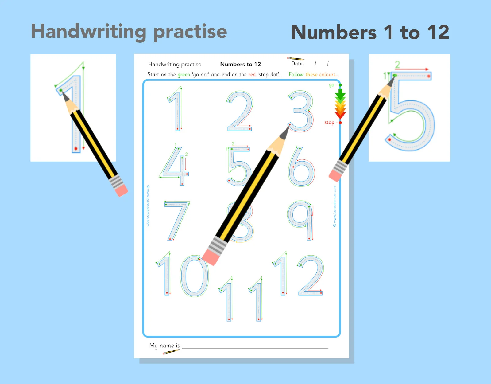 Handwriting practise - numbers 1 to 12