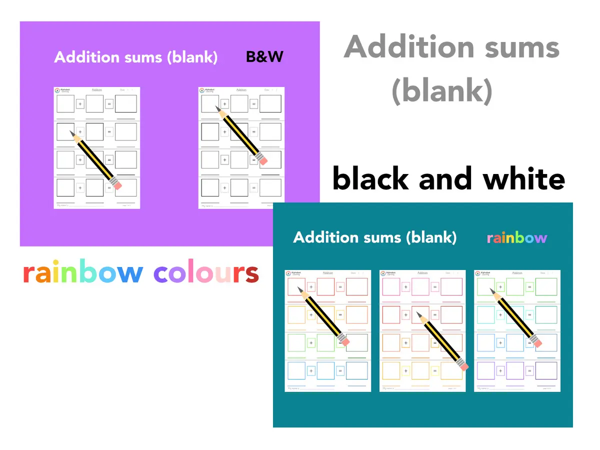 Addition sums blank rainbow and black and white worksheet pack (ages 3-6) main preview