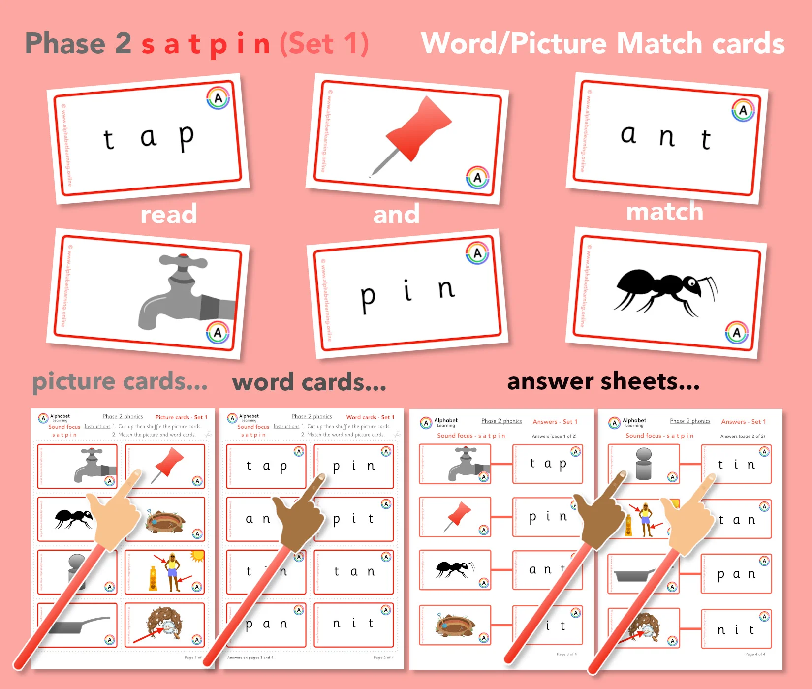 s a t p i n Phase 2 Phonics CVC Match Cards (Set 1)