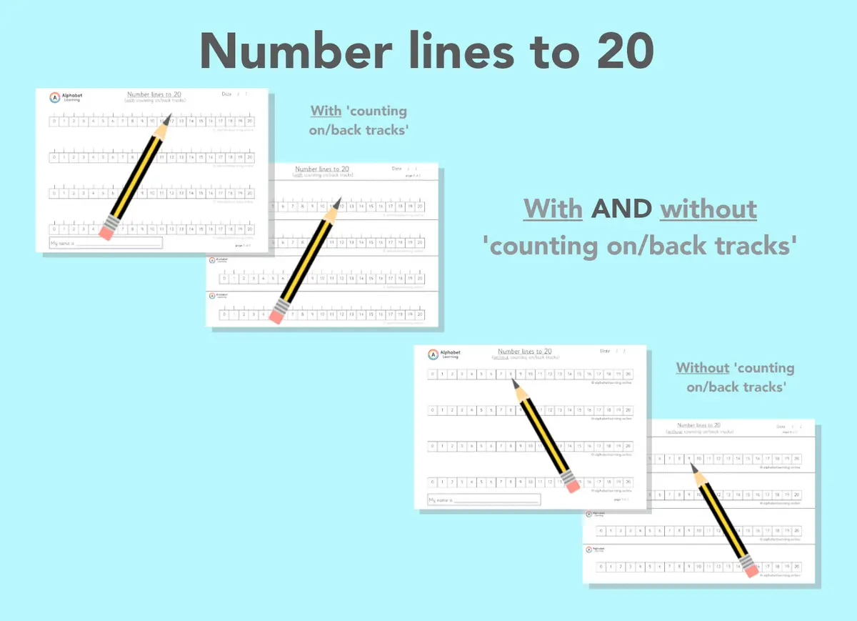 Number lines 0 - 20 with AND without 'count on/back tracks' (Black/white) main preview