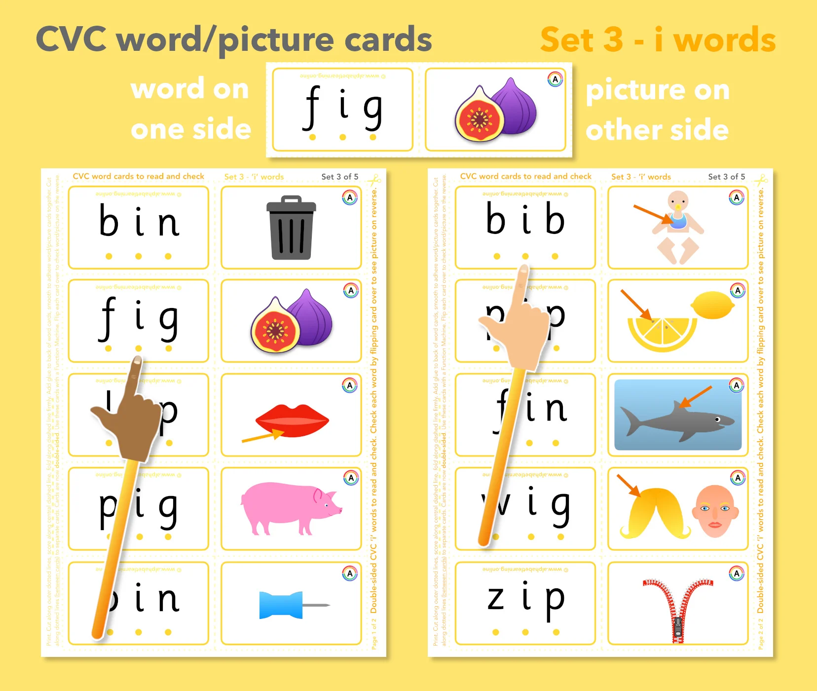 CVC 'i' word/picture cards - Double-sided (Set 3 of 5)