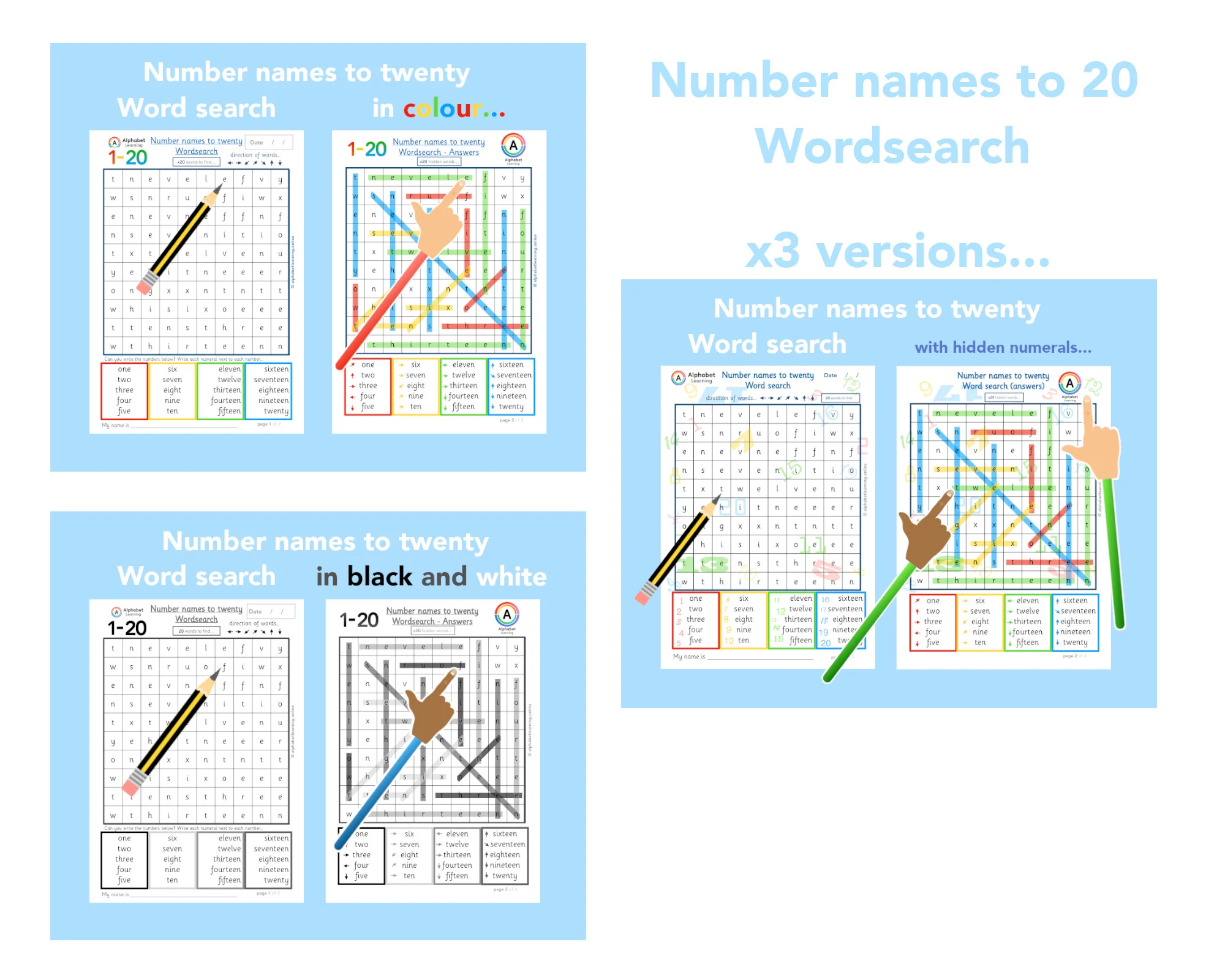 Wordsearch Number names to twenty (x3 versions)
