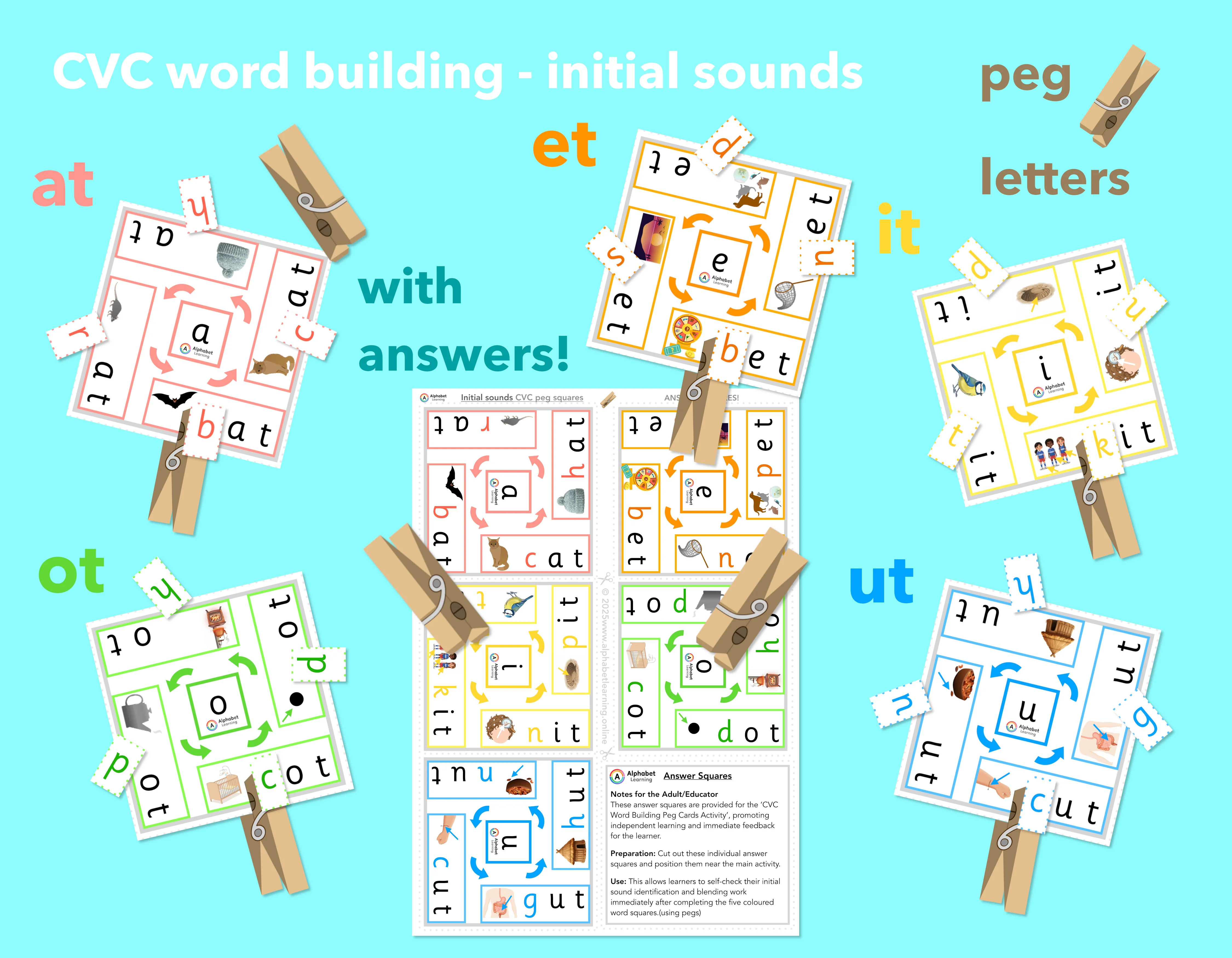 CVC Word Building Square Peg Cards: Initial Sounds Phase 2 Phonics Activity