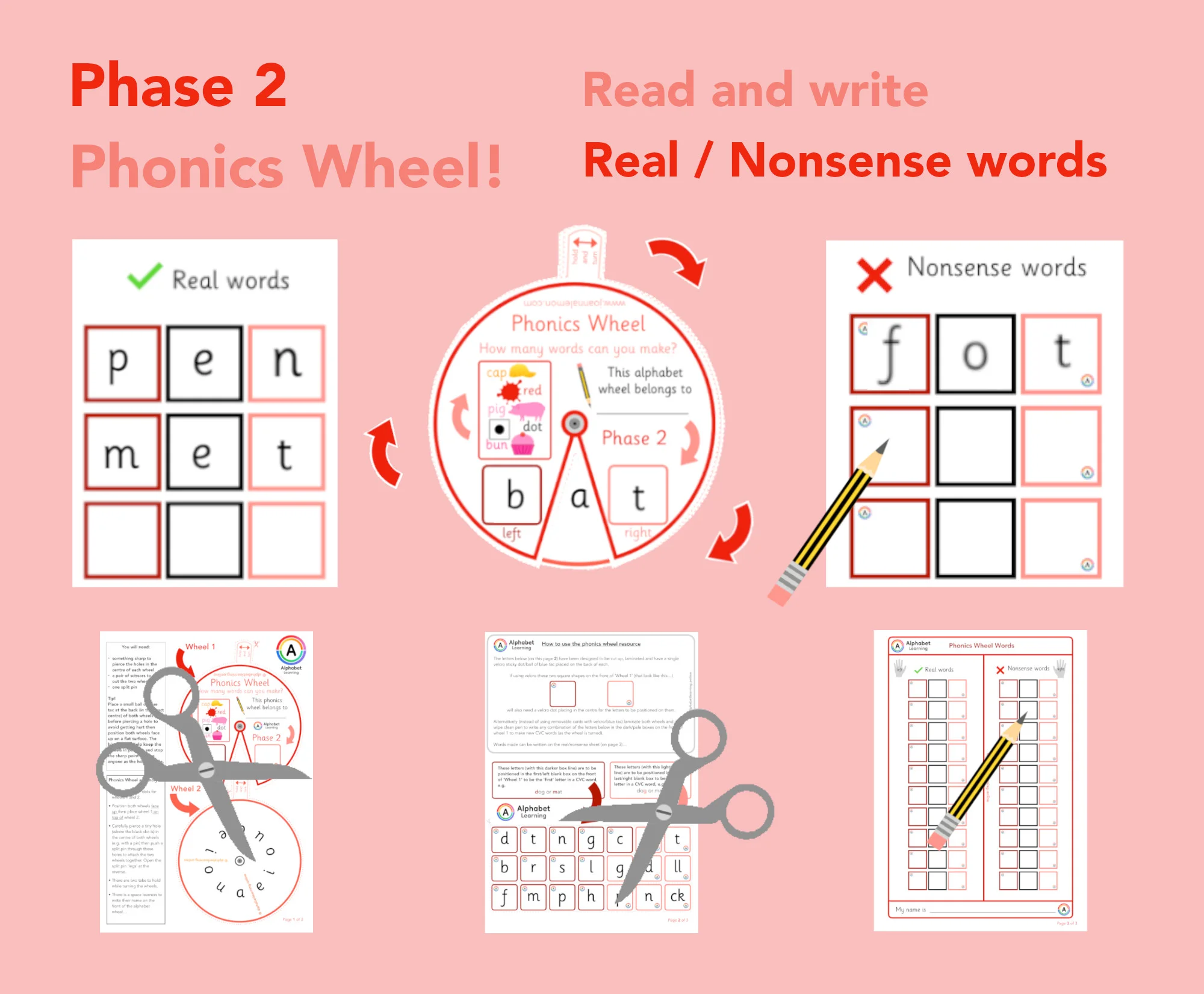 Phase 2 Phonics CVC word wheel Read/Write - Real/Nonsense words