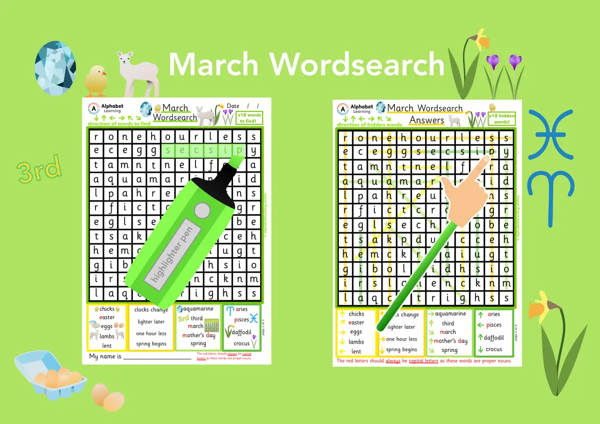 March themed word search worksheet (ages 5-7) main preview