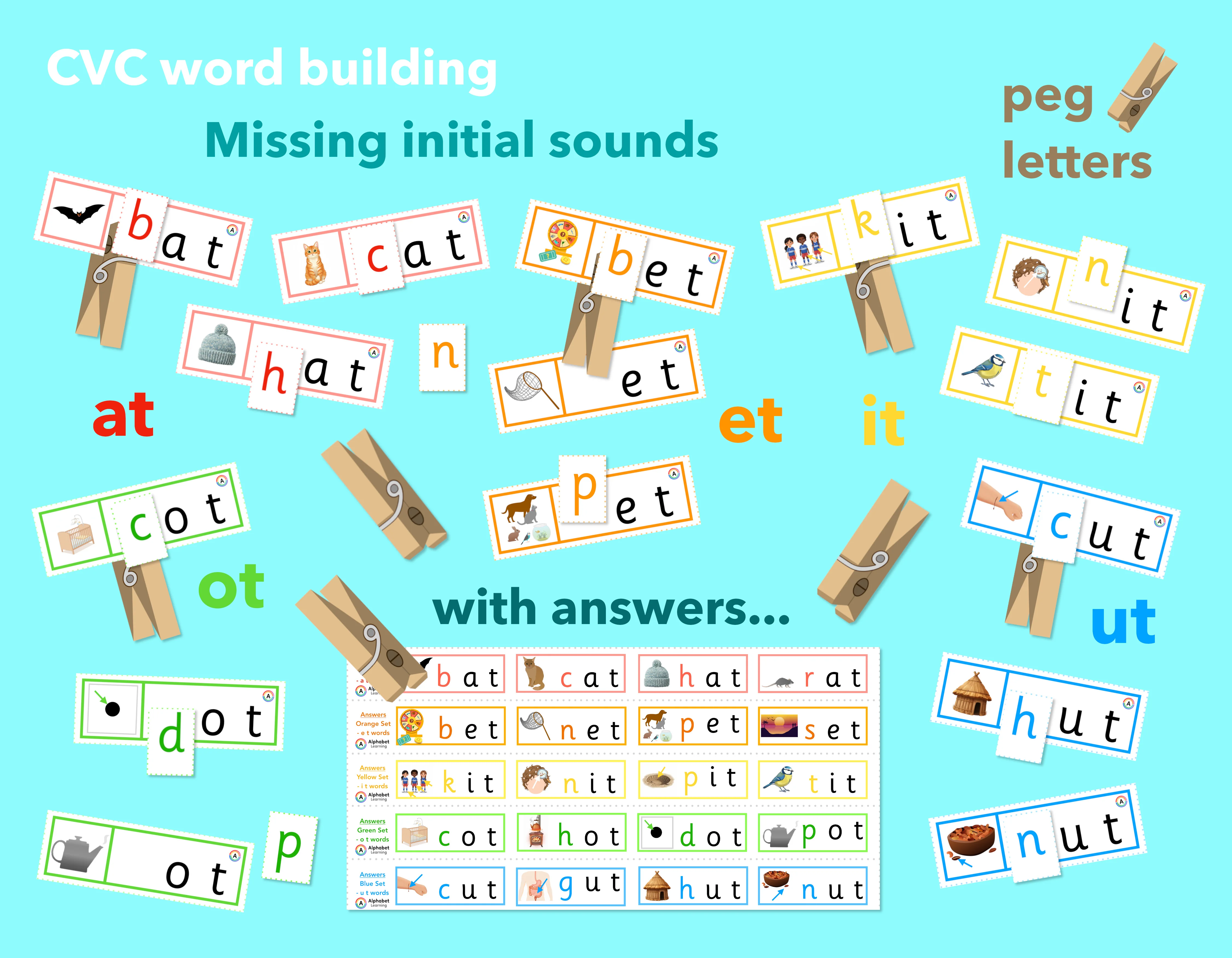 CVC Word Building Peg Cards: Initial Sounds Phase 2 Phonics Activity