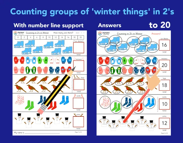 Counting groups of objects in 2’s (to 20) In Winter (with Answers)