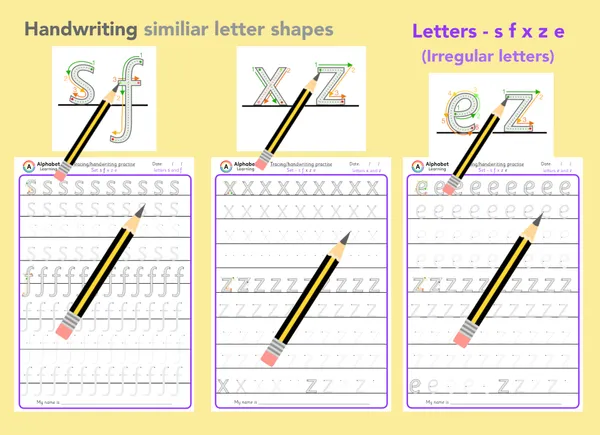 Lowercase Letter Handwriting Formation: s, f, x, z, e Similar (irregular) Shapes