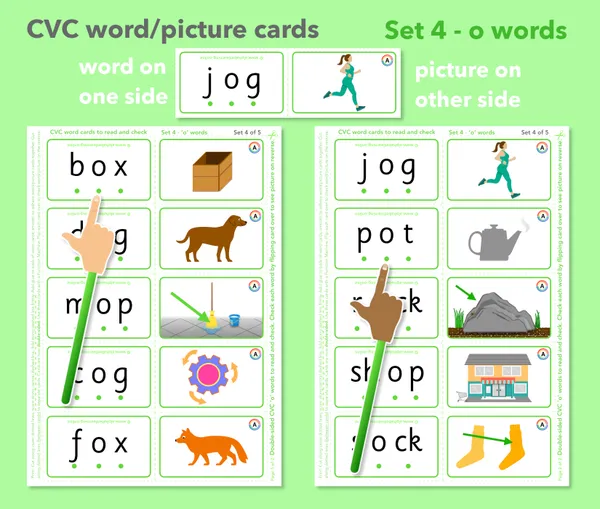 CVC word and picture cards double-sided set 4 'o' word and picture cards (ages 4-6)