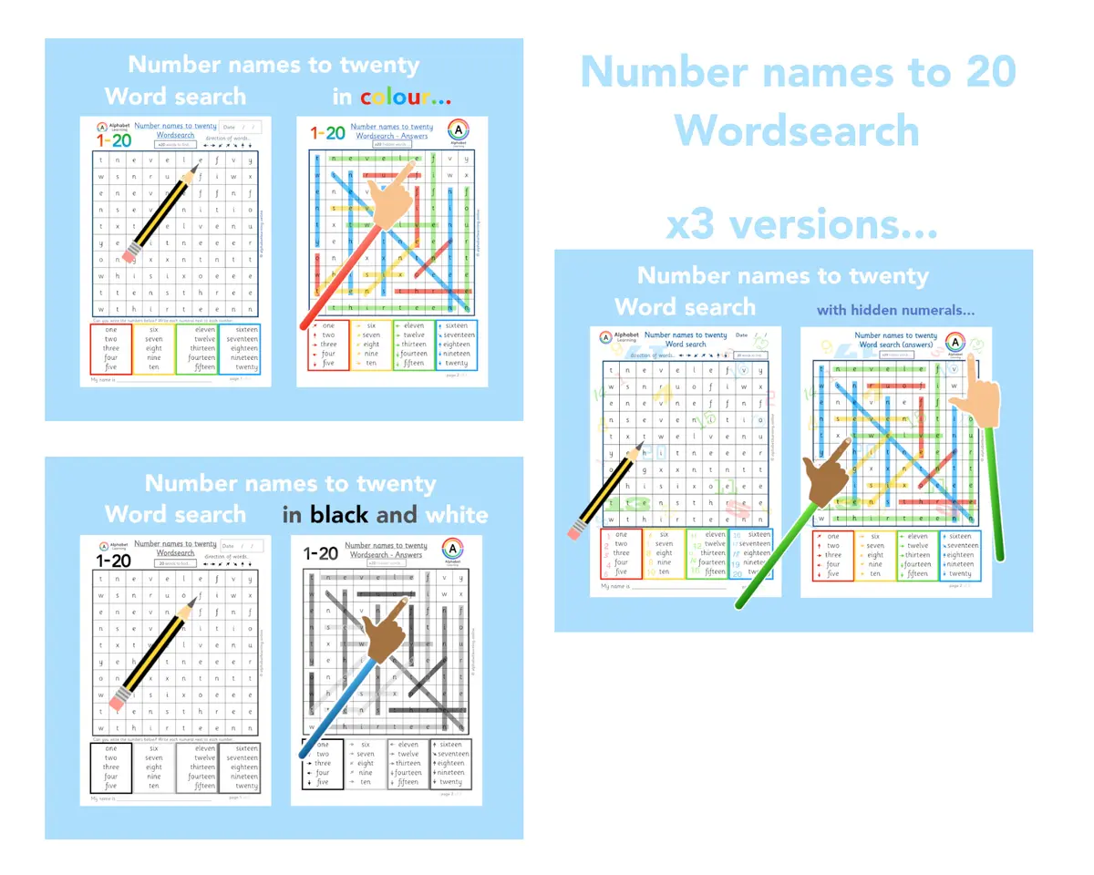Number names to twenty word search worksheet (ages 5-7) main preview
