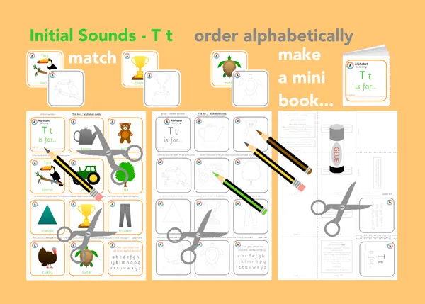 T is for... letter 't' initial sounds - alphabet cards and mini book activity printable resource (Ages 3-6)