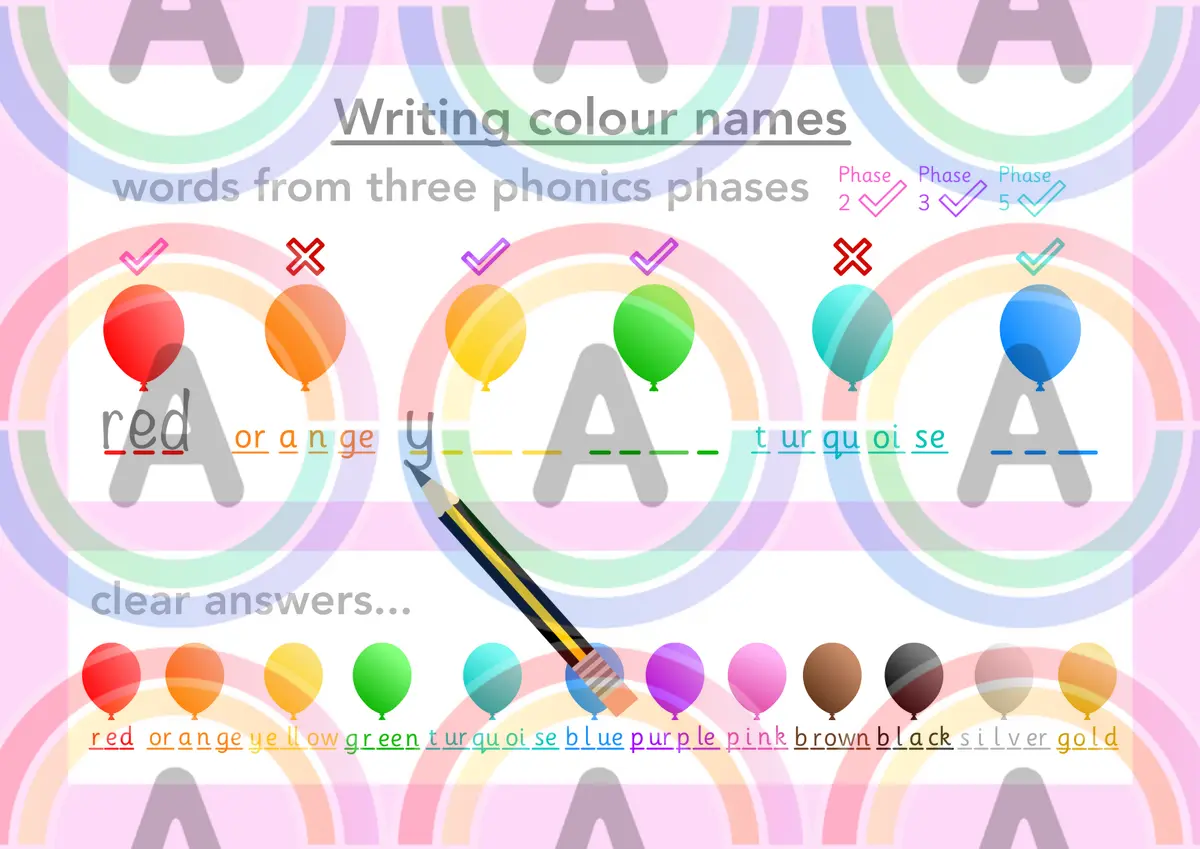 Writing colour words - Phonics phases 2, 3, 5 main preview