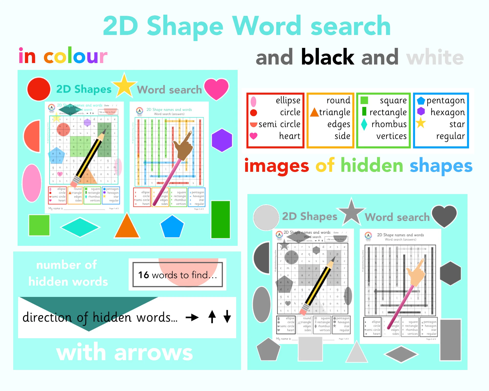 Wordsearch 2D shapes (Colour AND B&W)
