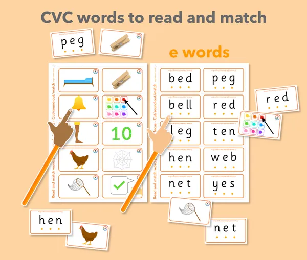 CVC words read and match - short e sound flashcards (ages 4-6)