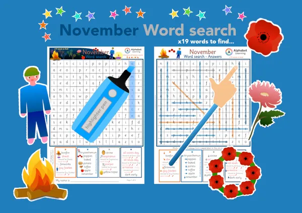 November themed word search worksheet (ages 5-7)