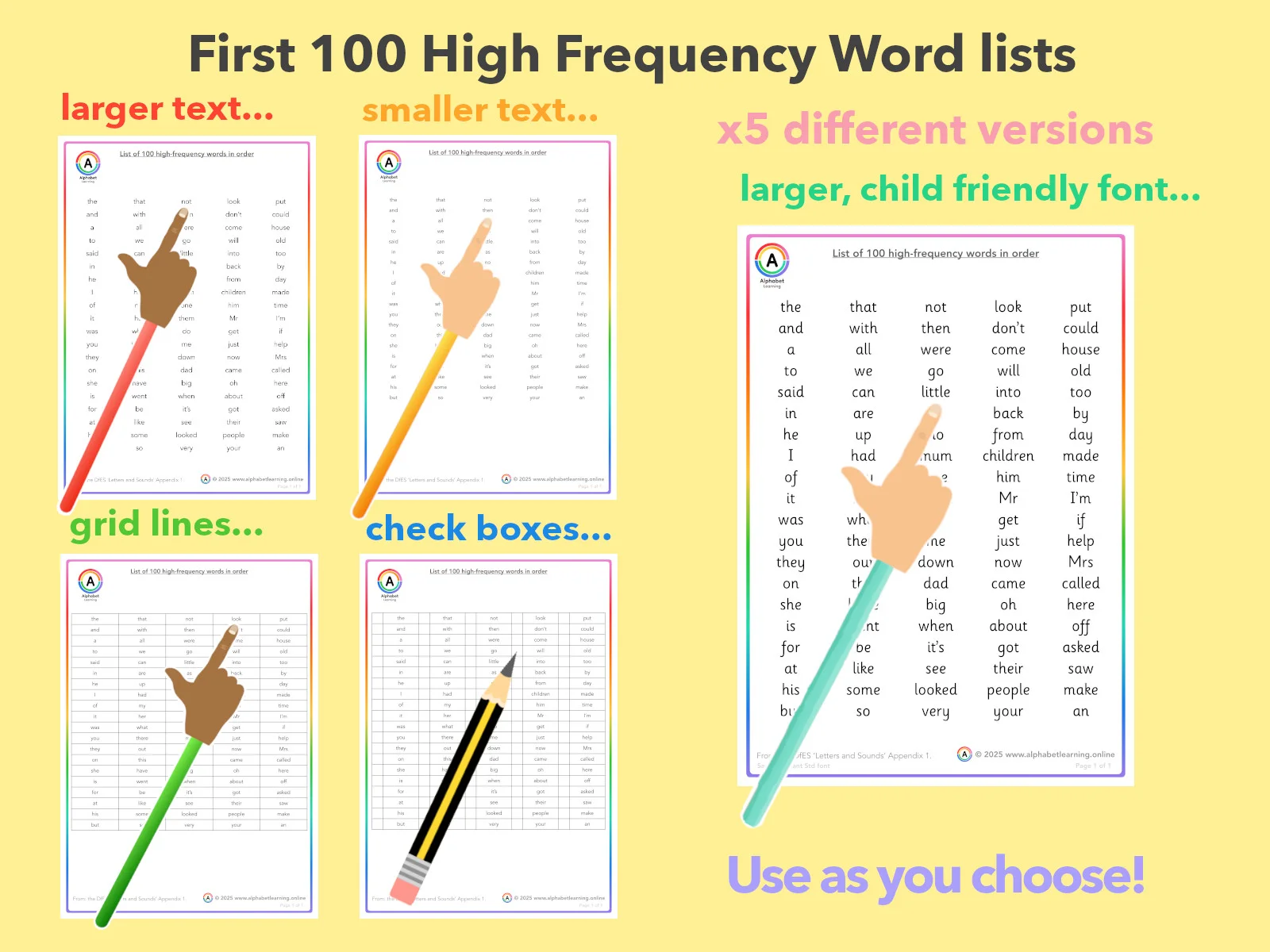 High Frequency Word Lists (First 100) x5 versions