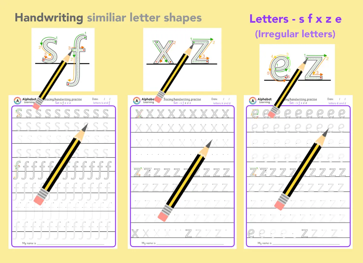 Lowercase Letter Handwriting Formation: s, f, x, z, e Similar (irregular) Shapes main preview