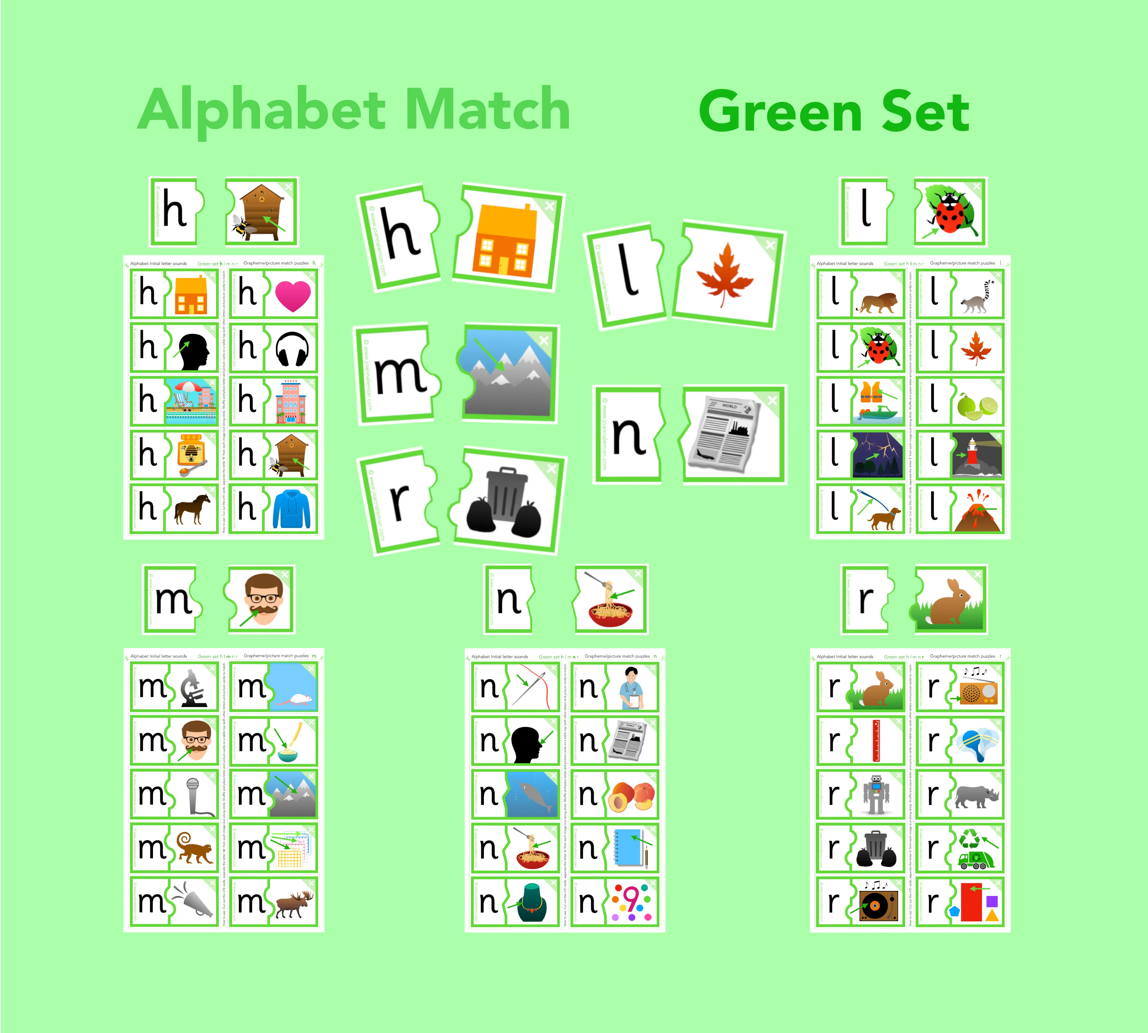 Alphabet match - letters h l m n r (Green Set)