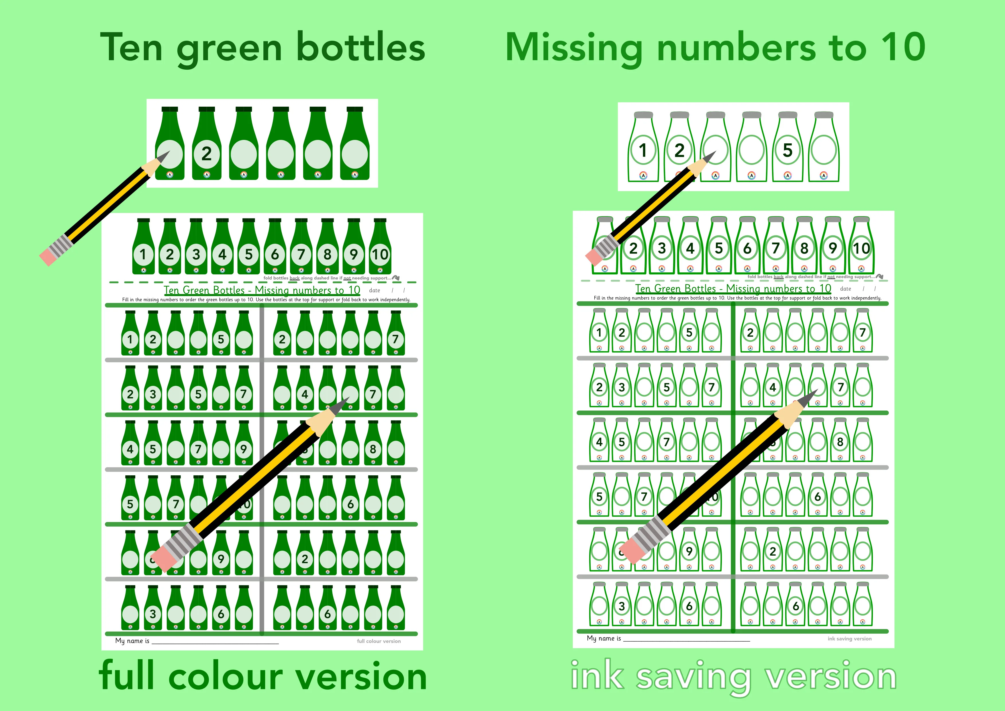 Missing numbers to 10 - Ten Green Bottles