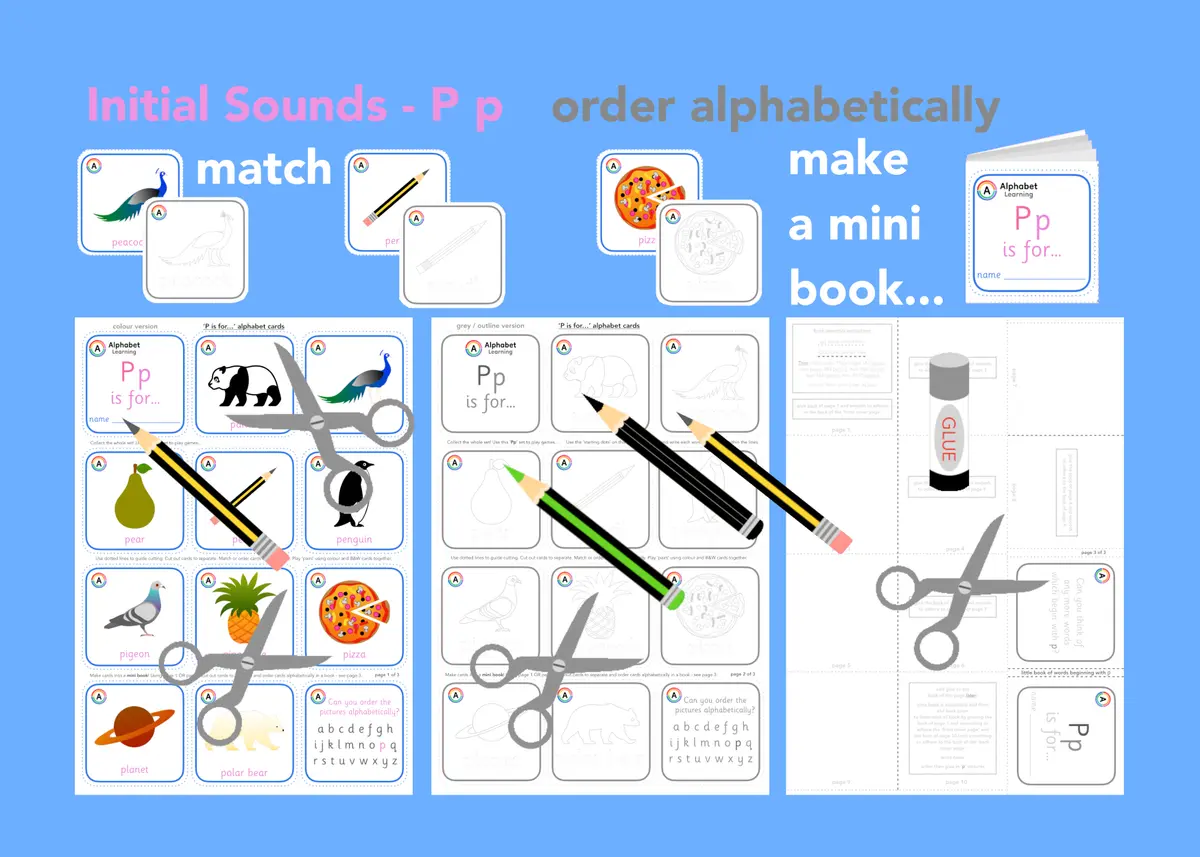 P is for... letter 'p' initial sounds - alphabet cards and mini book activity printable resource (Ages 3-6) main preview