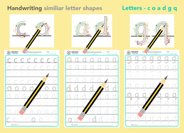 Lowercase Letter Handwriting Formation: c, o, a, d, g, q Similar Shapes