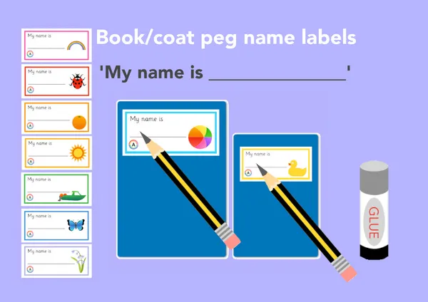 Name labels template printable book and coat peg labels with 'my name is' prompt (ages 3 to 7)