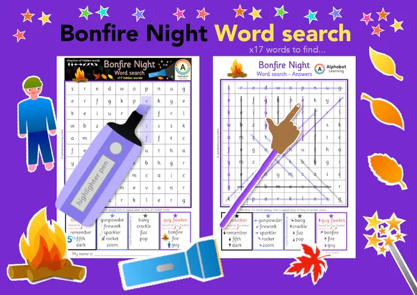 Bonfire Night themed word search worksheet (ages 5-7)