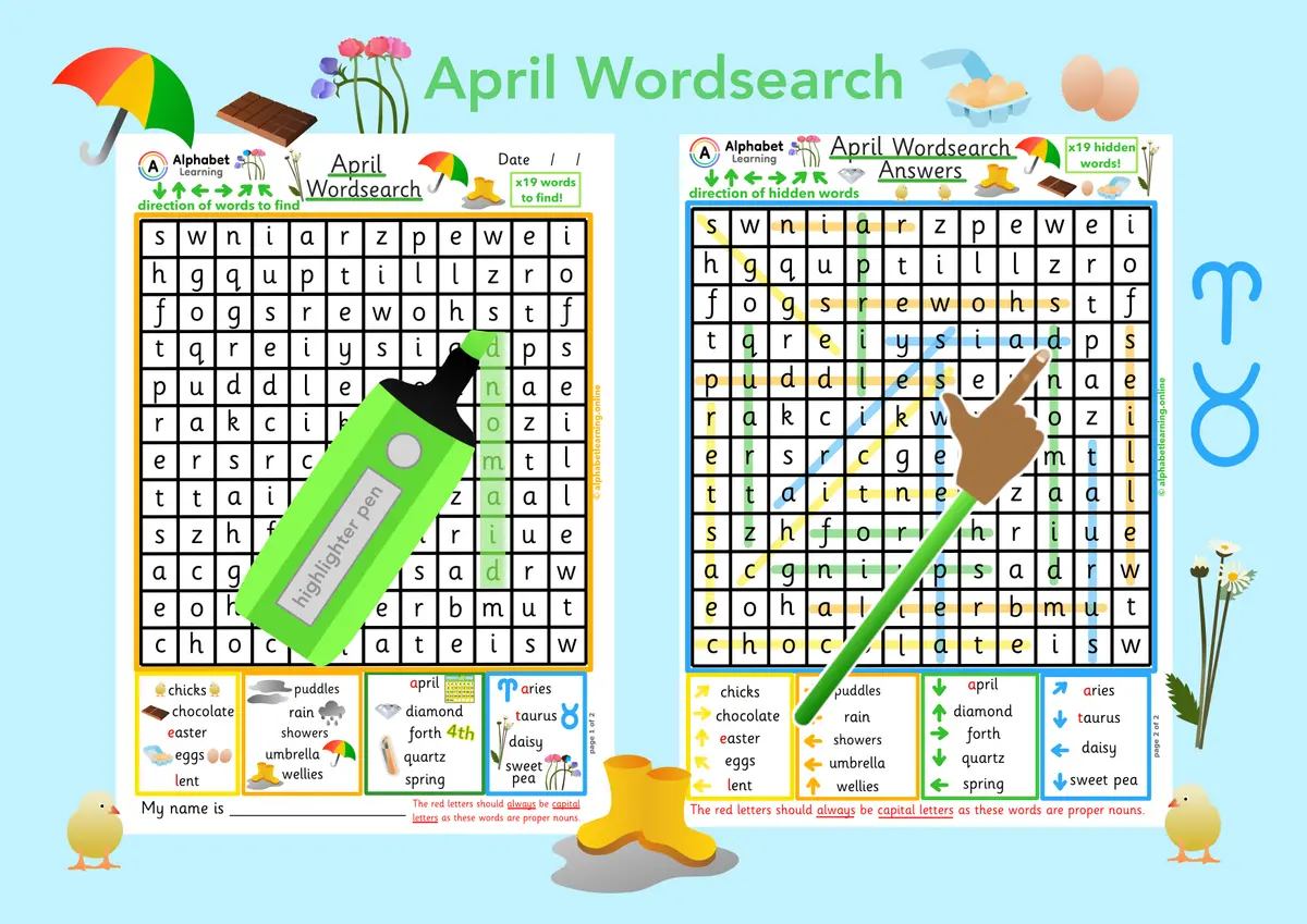 April themed word search worksheet (ages 5-7) main preview