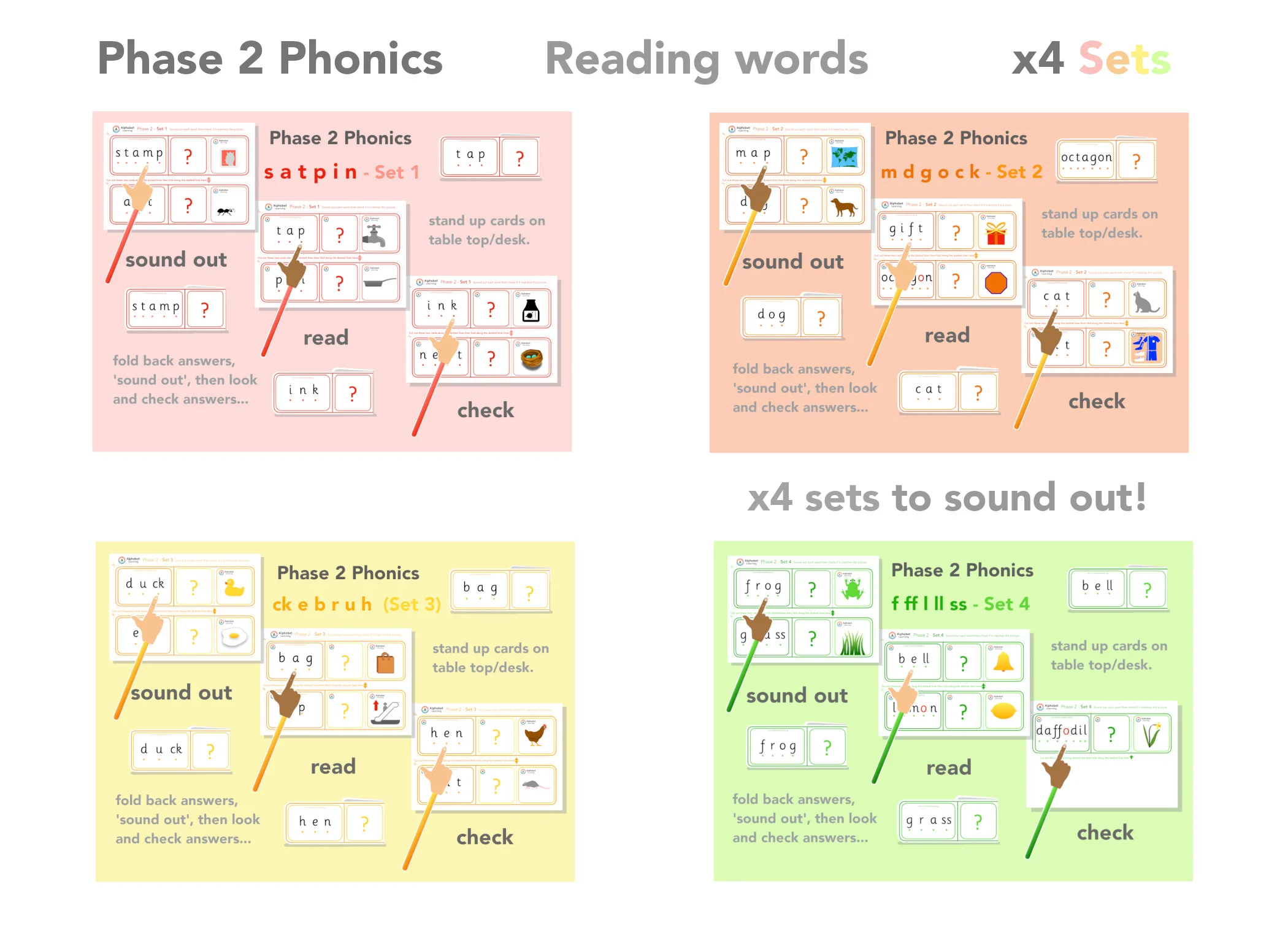 Phase 2 Sound out practise Reading words (x4 Sets)
