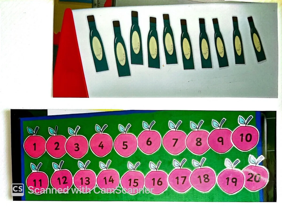 Two visual classroom counting displays showing ten green bottles in a row and twenty numbered pink apples.