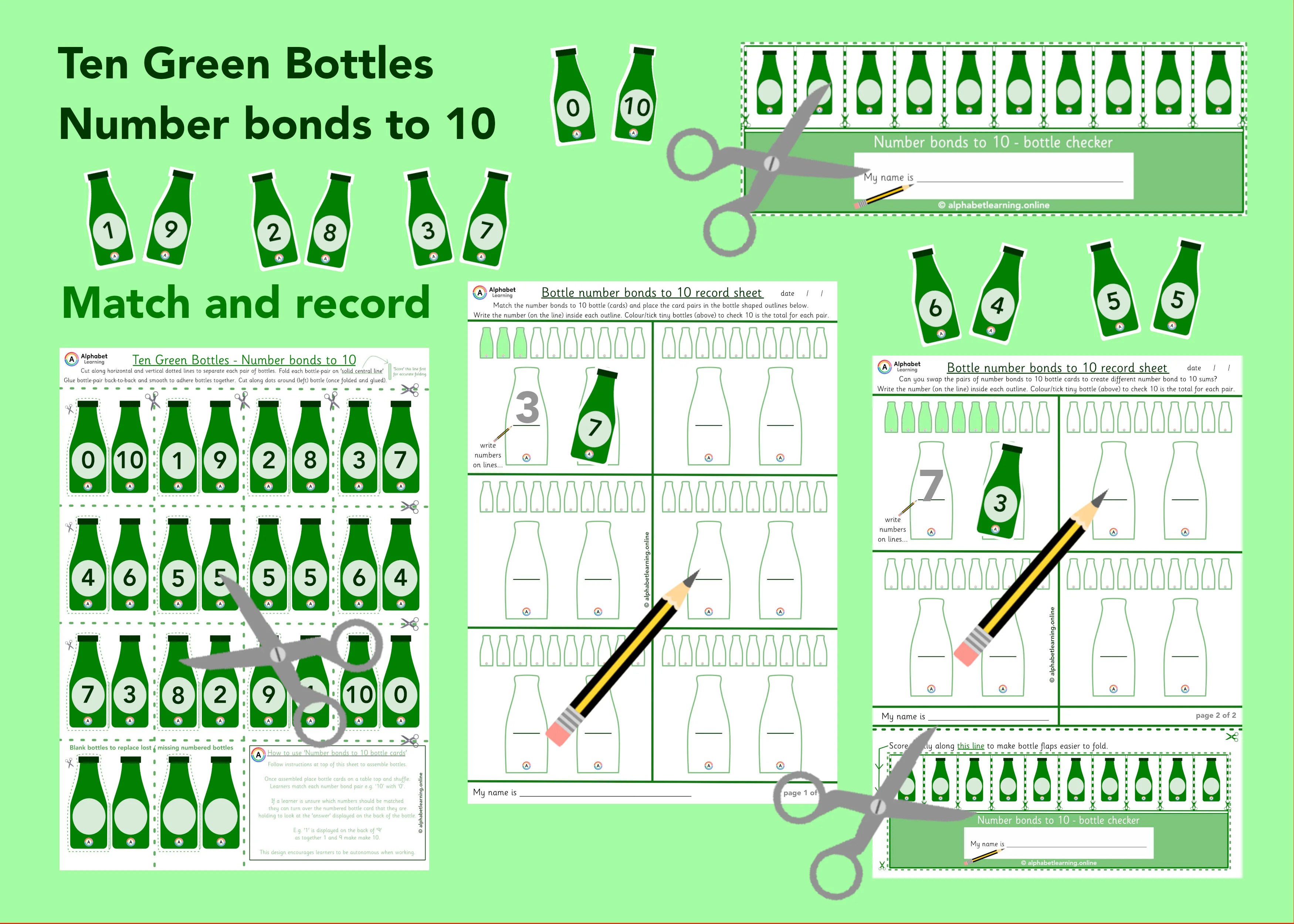 Number bonds to 10 matching Green Bottles