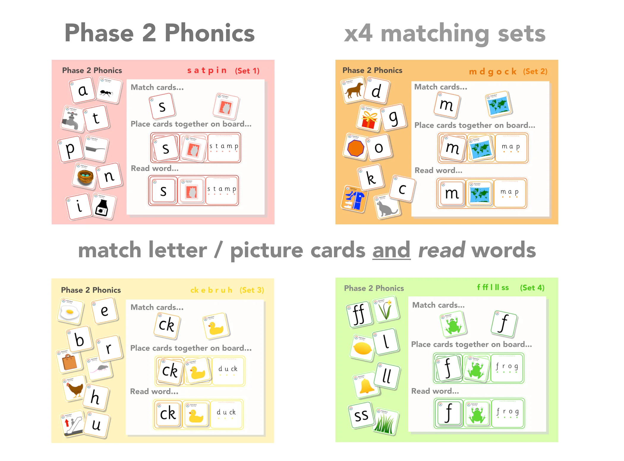 Phase 2 Letter/picture match cards and reading words (with answers) Whole Set