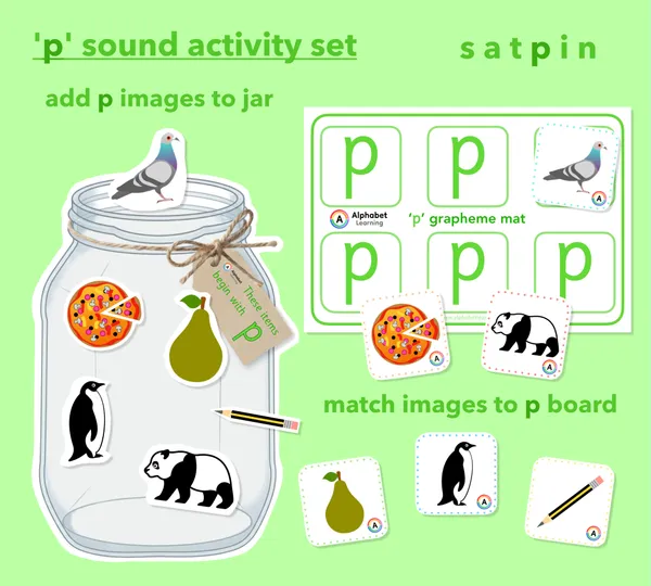satpin Phase 2 jars: initial letter p cards and mats
