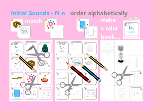 N is for... letter 'n' initial sounds - alphabet cards and mini book activity printable resource (Ages 3-6)