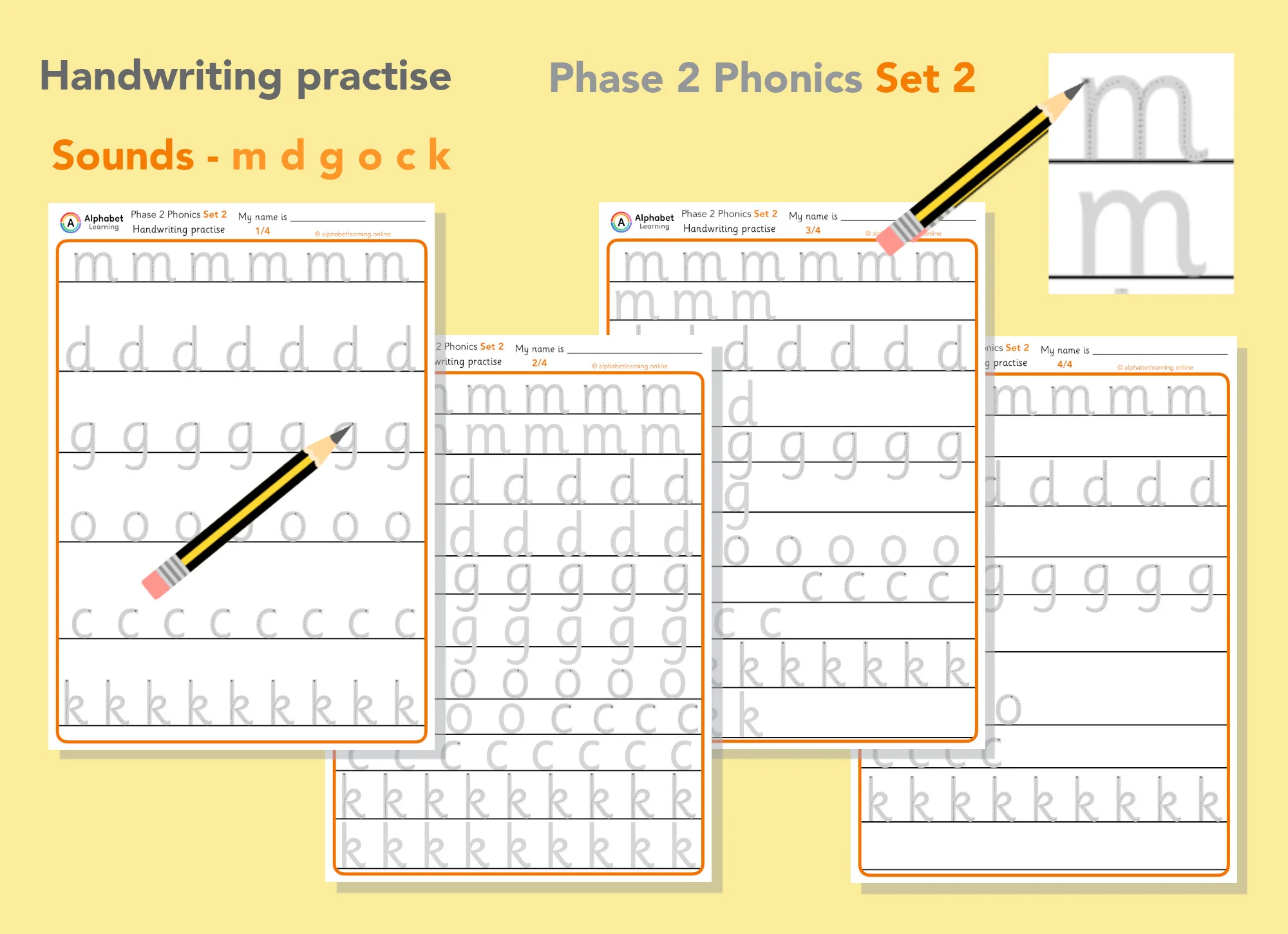 Handwriting Phase 2 Phonics m d g o c k (Set 2)