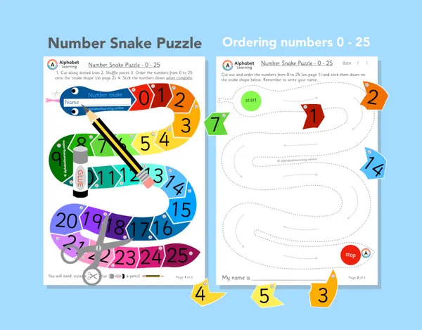 Ordering numbers 0 to 25 - Number Snake