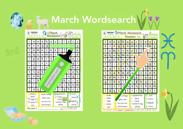 March themed word search worksheet (ages 5-7)