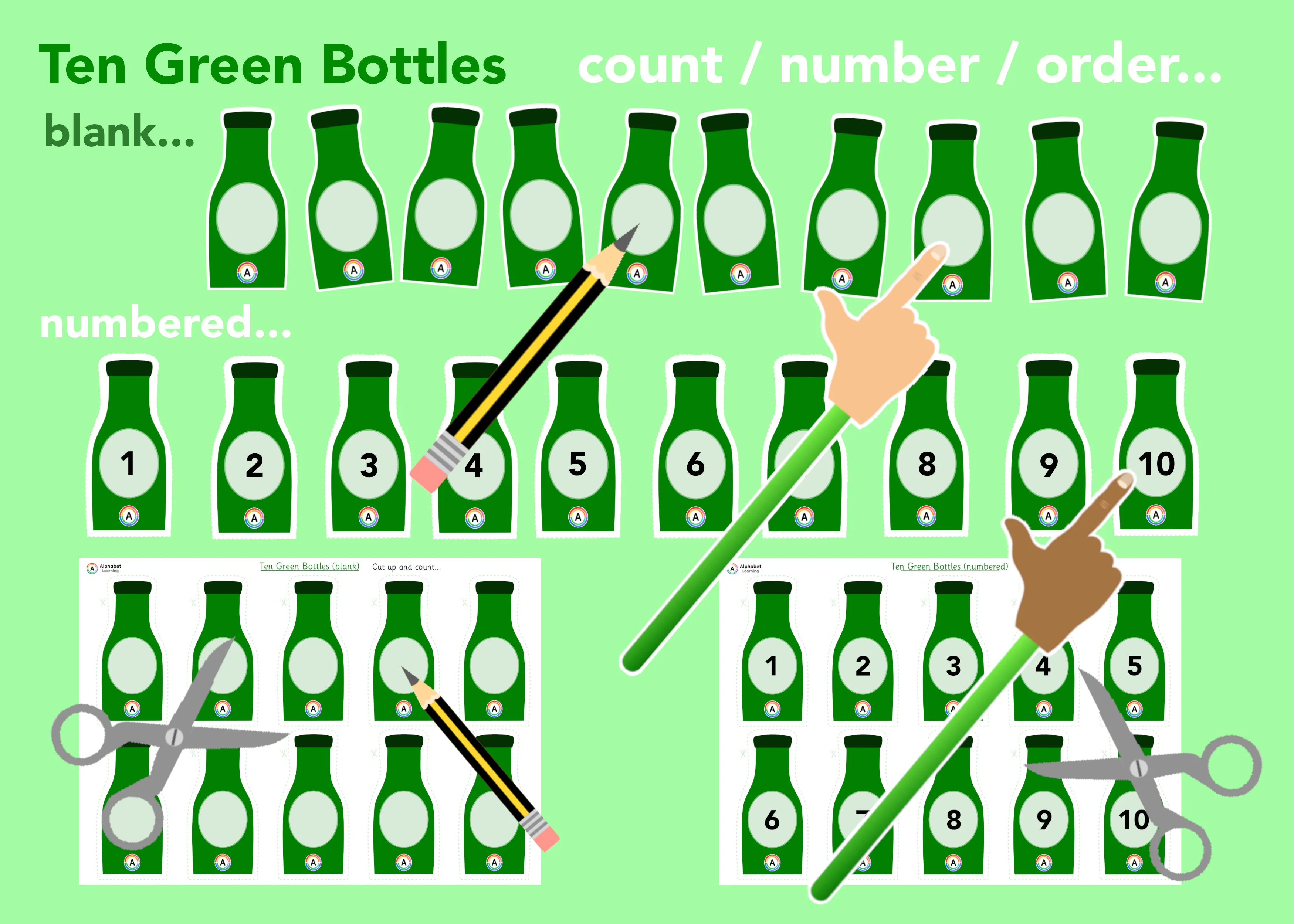 Ten Green Bottles to count and order (blank AND numbered)