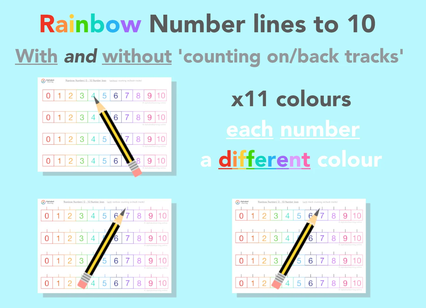 Number lines 0 - 10 with AND without 'count on/back' tracks (Rainbow numbers)