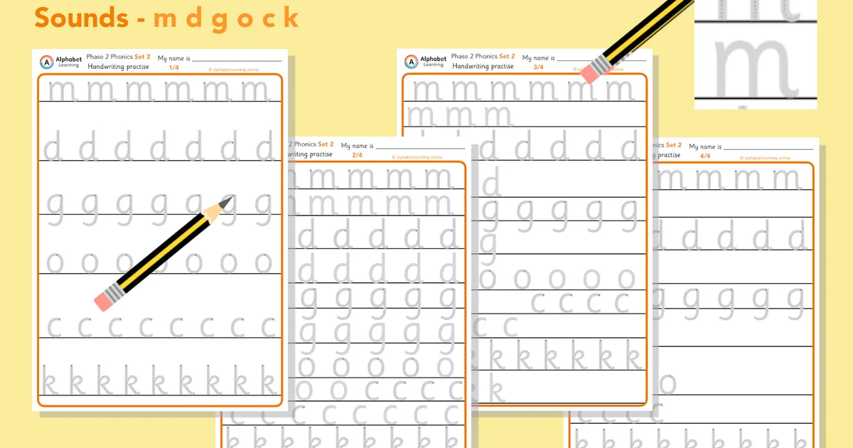 Handwriting Phase 2 Phonics m d g o c k (Set 2) | Alphabet Learning