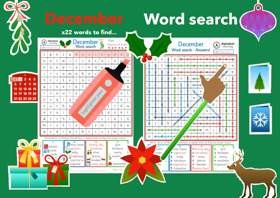 December themed word search worksheet (ages 5-7) main preview