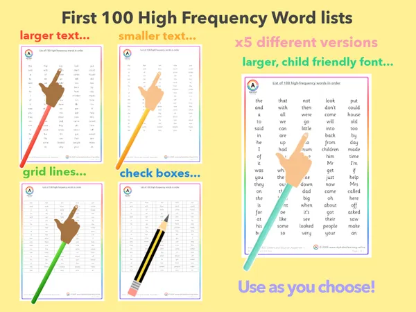 High Frequency Word Lists (First 100) x5 versions