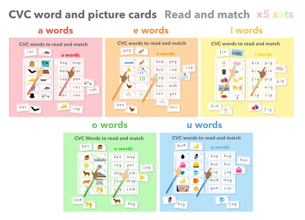 CVC words read and match - short a e i o u sounds flashcards (ages 4-6) Five sets