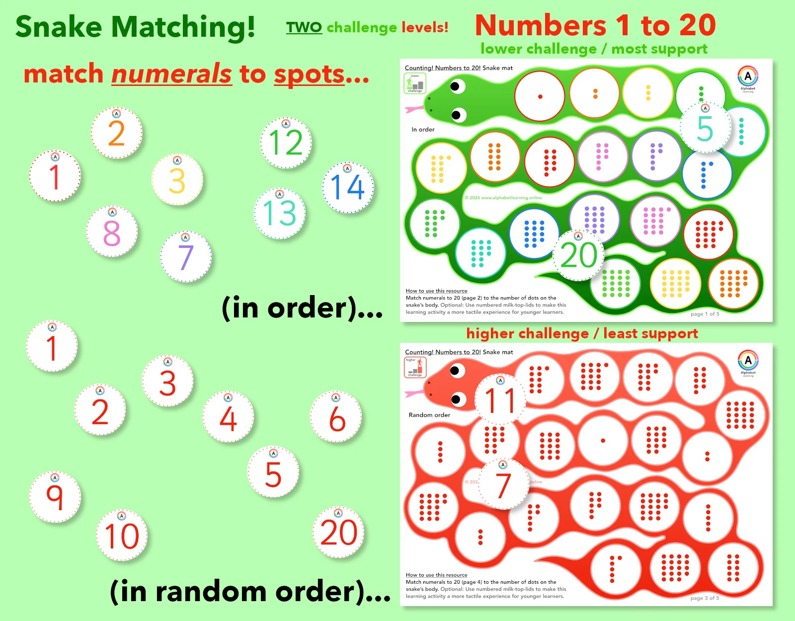 Snakes! Numerals 1-20 Count dots and match (Two levels)
