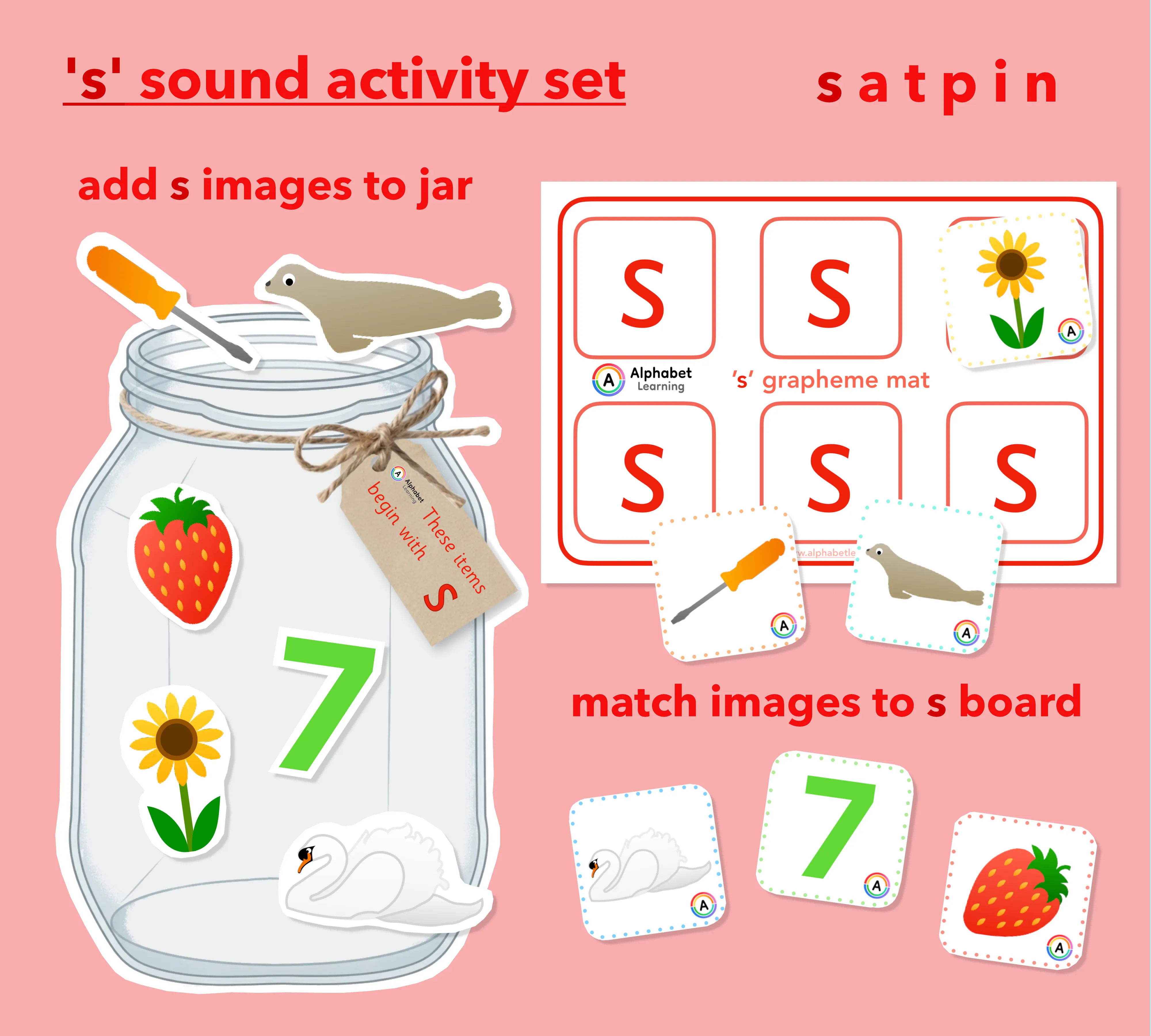 Satpin Phonics Resource: Initial Letter S Jars, Matching Cards, and Grapheme Mats for EYFS and KS1 main preview